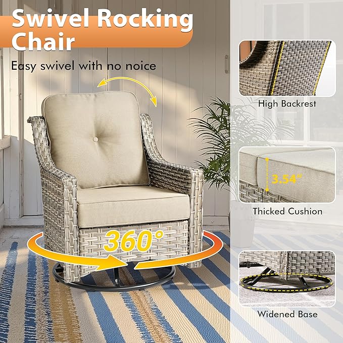 6 PCS Outdoor Patio Furniture Sets,Patio Conversation Sets Outside Rattan Soft Cushion Sofa with 2 Wicker Rocking Chairs & 54 in Fire Pit Table Fit Backyard Porch Garden Poolside Balcony,Beige