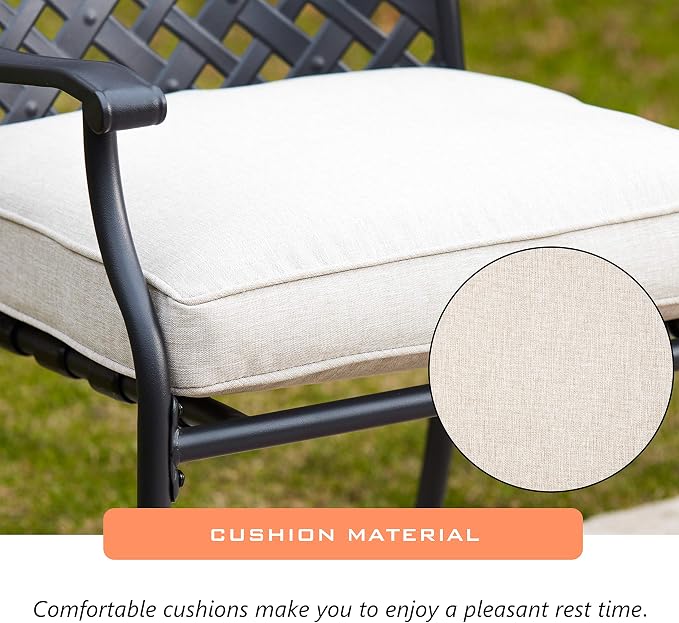LOKATSE HOME 5 Piece Outdoor Patio Metal Dining Set with 4 Outdoor Iron Arm Dining Chairs with Seat Cushions and 1 Outdoor Dining Table with Umbrella Hole-White
