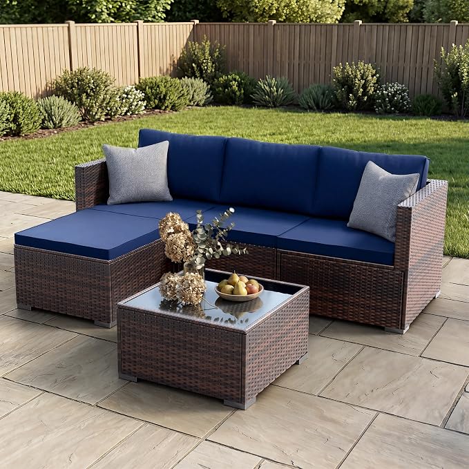 Patio Furniture Set - All-Weather -5 Piece Outdoor Patio Conversation Couch Sets, Modular Wicker Rattan Sectional Sofa for Garden, Patio, Poolside, Backyard, Balcony, Porch,Navy Blue