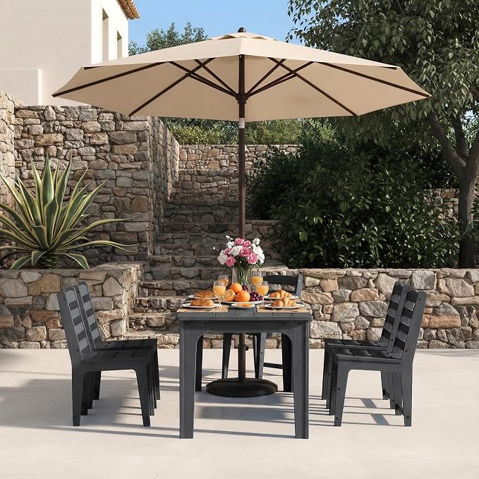 69" HDPE Rectangle Outdoor Dining Table for 6 Person, Black | Weather-Resistant Patio Furniture with Metal Support Bars and Umbrella Hole Cut-Out for Poolside Garden Backyard Deck