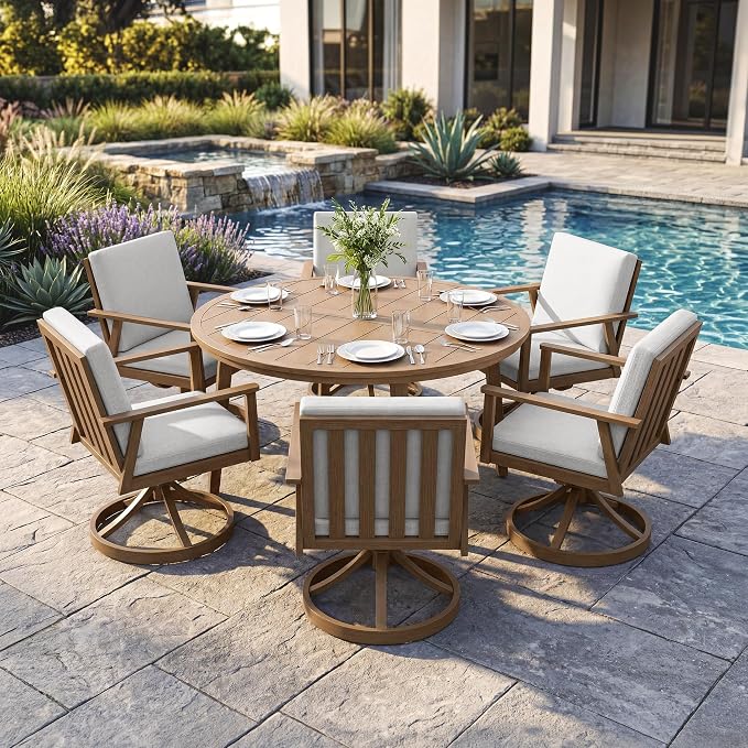 7-Piece Round Outdoor Dining Set, Never-Rust Aluminum Patio Swivel Dining Set, 51" Oversize Patio Dining Table with 6 Swivel Chairs, Outdoor Round Dining Sets for Backyard, Deck, Garden, Teak
