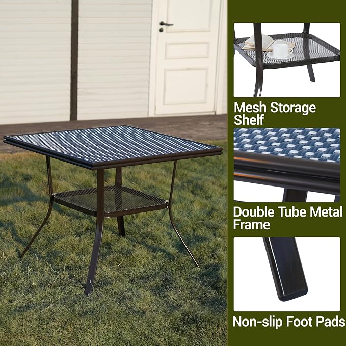 Outdoor Patio Dining Table for 4 People, 35.2" All Weather Hand-Woven PE Rattan Square Table for Garden Backyard Porch Poolside, Blue