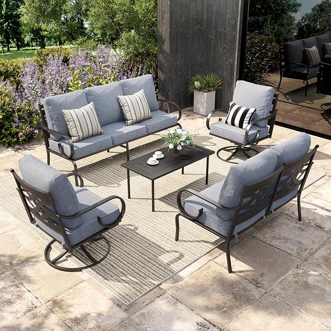 Sophia & William Patio Conversation Set for 7, 1 Loveseat, 3-Seater Sofa, 2 Swivel Chairs and a Coffee Table, Metal Outdoor Furniture with 5.75" Extra Thick Cushions, Grey