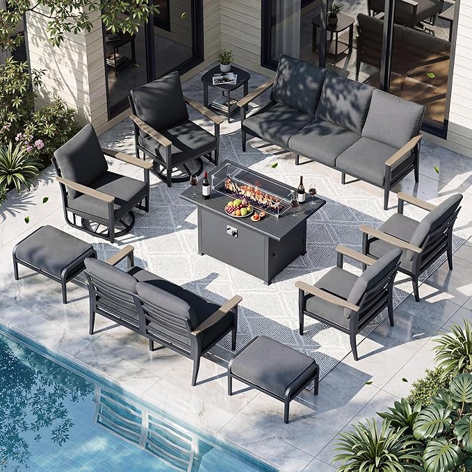 11-Seat Outdoor Patio Furniture Set with Rocking Swivel Chair, Aluminum Sectional Sofa with Ottomans Patio Conversation Set with 55,000 BTU Fire Pit Table & High Backrest, Dark Grey