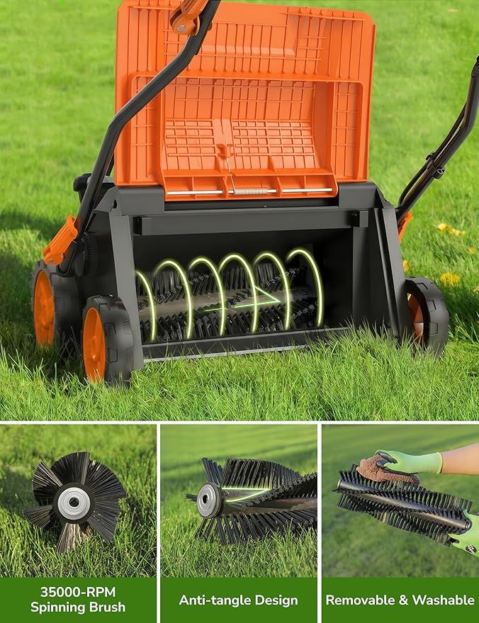 Aspiron Artificial Grass Sweeper, 16-Inch 2000W Electric Power Broom for Artificial Turf, Lawn Sweeper with 55L Removable Collection Bag, 5-Position Height Adjustment, Foldable, Orange