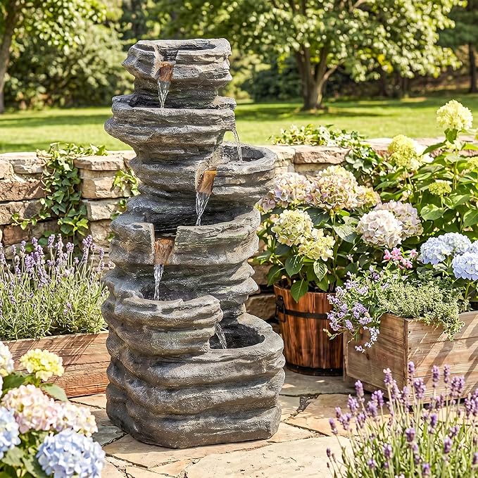 Outsunny 40" Tall Outdoor Waterfall Fountain, 6-Tier Cascading Waterfall Feature with LED Lights, Pump, Freestanding Resin Garden Fountain for Patio, Balcony and Garden, Gray