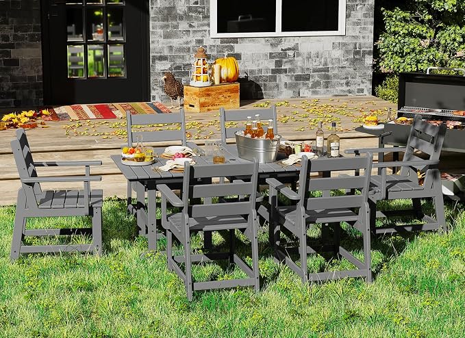 GREENVINES Outdoor-Dining-Table | 75” | HDPE | 2 Connectable Square Tables for 6 | Slatted | All-Weather | Patio Furniture | for Poolside Backyard Garden | Grey