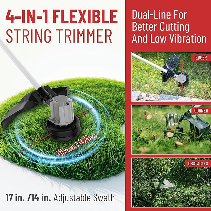DCK 58V 17" String Trimmer Cordless, AI Adaptive Speed, Brushless Weed Eater & Edger with Dual-line Auto Feed, 6000RPM, 4.0Ah Battery, Dual Safety Switch, Electric Weed Wacker with Shoulder Strap