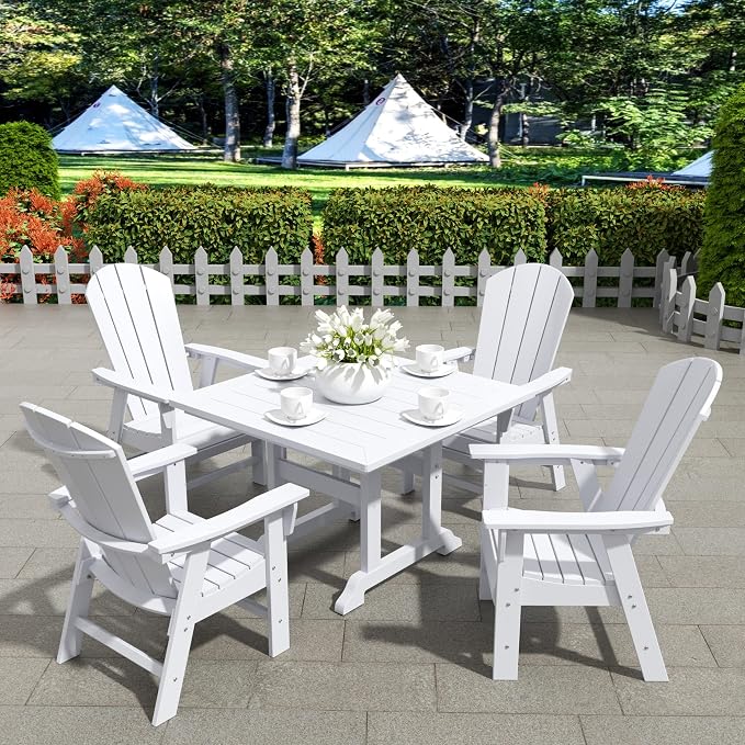 WestinTrends Malibu Outdoor Dining Table, All Weather Poly Lumber Adirondack 43" Trestle Square Patio Table with Umbrella Hole, White