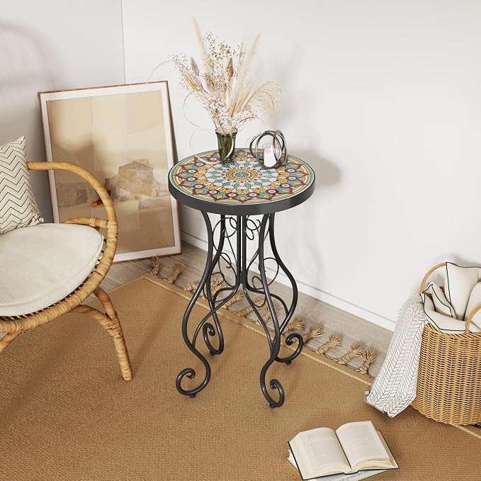Outdoor Metal Side Table with Ceramic Tile Top Mosaic Patio Side Table and Plant Stand Tables, Round Side End Tables for Yard Porch Balcony Garden Bedside, Daisy Yellow