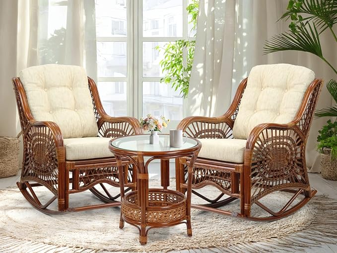 Malibu Handmade Natural Rattan Living Room Set of 2 Rocking Lounge Chairs and Round Coffee Table with Glass, Colonial Color, Cream Cushions