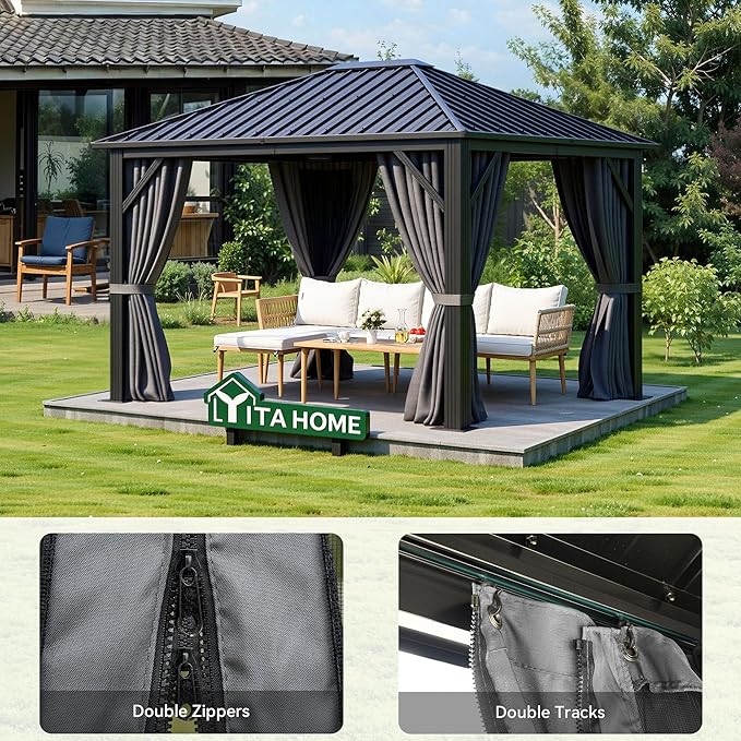 YITAHOME 10X12FT Single Hardtop Metal Gazebo Top Outdoor Patio Canopy Galvanized Iron Aluminum Column Garden Tent Curtains Netting for Backyards Decks Lawns,Gray