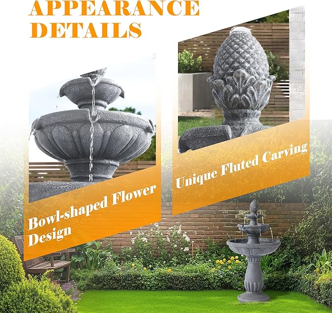 40.6" High Large Italian Outdoor Water Fountain, 3-Tier Standing Bubbler Waterfalls Fountain with Pineapple Top and Roman Pillar, Resin Garden Water Fountains for Bird Bath Patio Yard Deck