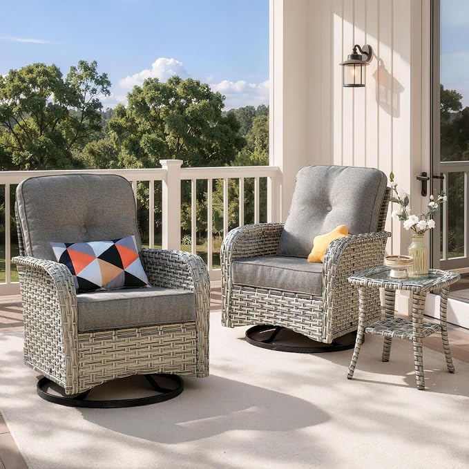 Outdoor Swivel Rocking Chair Set of 2 with Coffee Table, Wicker Patio Glider Chairs with 4 Inch Thick Cushions, 350lbs Capacity High Back Rattan Furniture Set for Sunroom and Small Spaces, Dark Gray