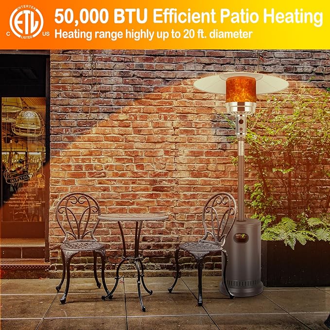Hykolity 50,000 BTU Patio Heater with Sand Box, Table Design, Double-Layer Stainless Steel Burner, Wheels, Tip-over Protection System, Outdoor Heater for Home and Residential, Brown
