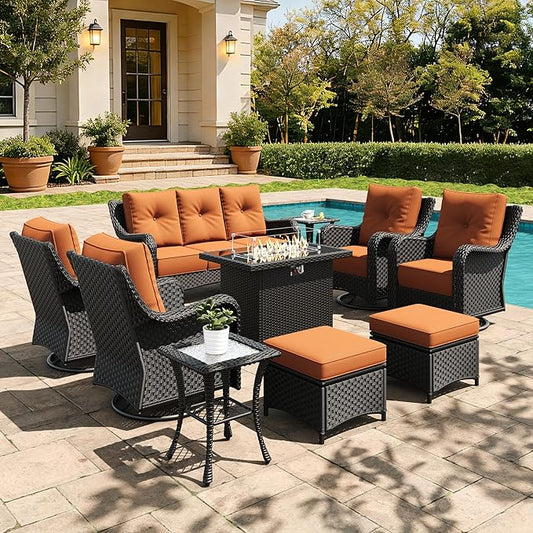 10 Pieces Outdoor Furniture Set with 6-inch Cushions, High Back Wicker Swivel Rocker Chairs with Fire Pit Table, Luxury Conversation Set for Deck Patio and Poolside