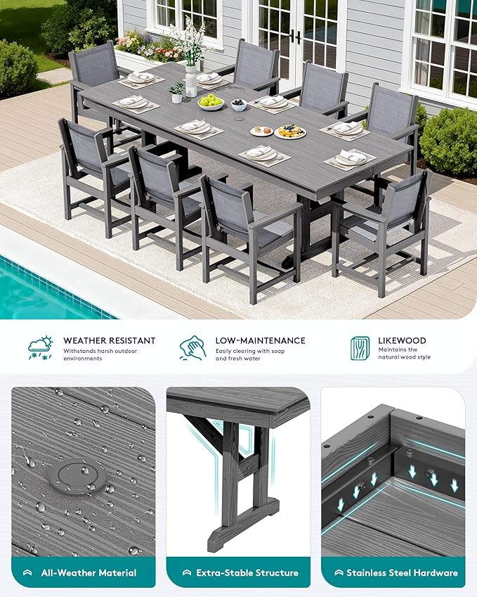 SERWALL 9 Piece Outdoor Dining Set, 84" HDPE Outdoor Large Table and Textilene Sling Chairs for 8，All Weather Patio Dining Furniture Set with Umbrella Hole for Backyard, Garden, Gray