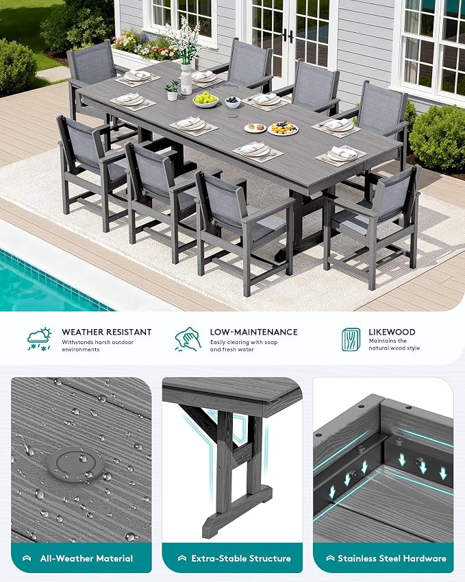 SERWALL 10 Piece Outdoor Dining Set with 15ft Triple-Head Foldable Umbrella(Based not Included), 84" HDPE Outdoor Large Table and Textilene Sling Chairs for 8, Gray
