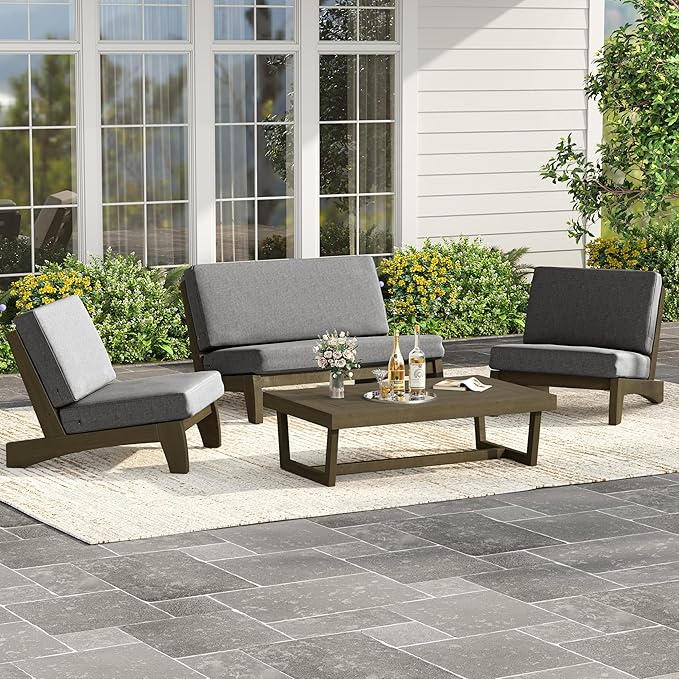 UIXE Wood Patio Furniture Sets, 4 Pieces All Weather Outdoor Sectional Futniture Patio Sofa Chair Backyard Conversation Set with Solid Wooden Coffee Table - Light Gray