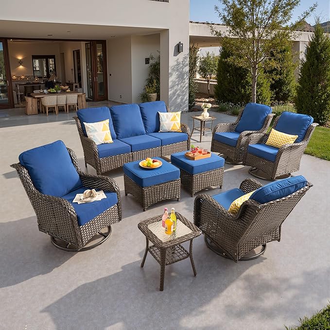 ovios 9-Piece Patio Furniture Set with Swivel Chairs Coffee Table, Outdoor Wicker Sofa with Comfy Cushions, High Back Couch Modern Conversation Sets, Brown/Navy Blue