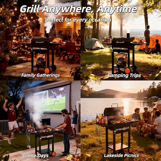 Charcoal Grills with Two Side Tables, 20-In Outdoor Smoker Barrel BBQ Grill with 334 Sq. In Cooking Area for Camping, Patio,Backyard Party, Picnic, Black