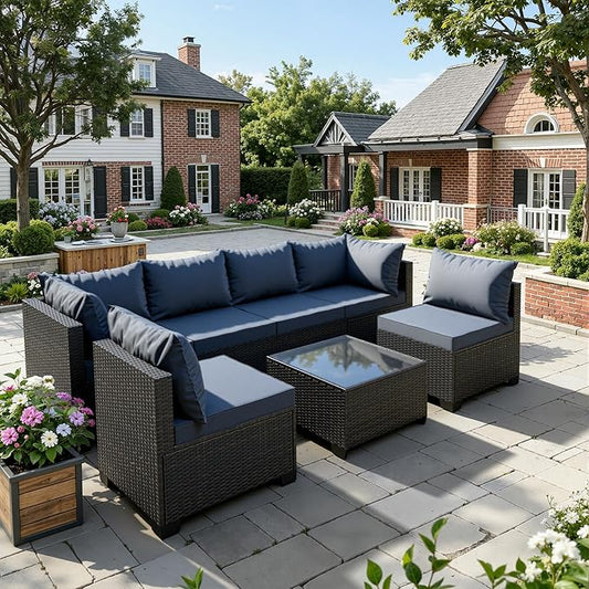 WWR Patio Furniture Set - All-Weather,Water-Resistant - 7 Piece Patio Wicker Rattan Sectional Sofa, Modular Outdoor Conversation Set for Backyard, Garden, Poolside, Balcony, Brown/Navy Blue