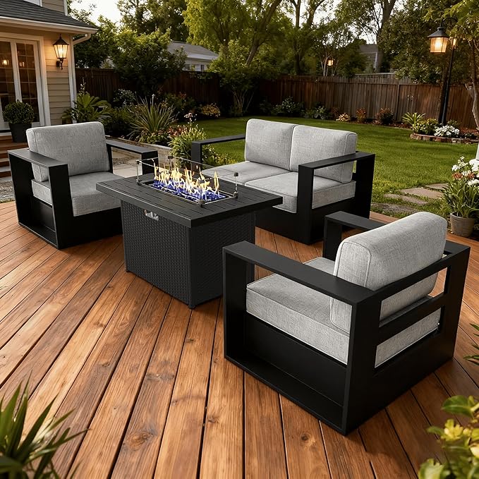 LayinSun Oversized Aluminum Outdoor Furniture Set, 4 Piece Patio Sofa Sets with Fire Pit Table, Deep Seating and Upgraded 6-inch Cushions for Porch, Balcony, Deck