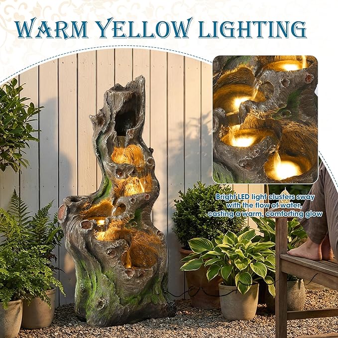 TITIMO 40''H Cascading Rock Water Fountain, 6-Tier Outdoor Garden Waterfall with Flower Pot and Lights, Indoor Water Feature Tree Trunk Look Decor for Garden, Patio, Backyard, Porch and Home Art Decor