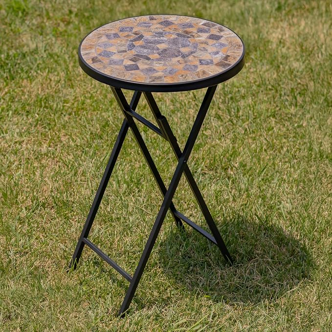 Mosaic Tile Furniture with Black Metal Frame and Patterned Tile Tops (Medora - Black/Stone/Gray, Folding Accent Table)