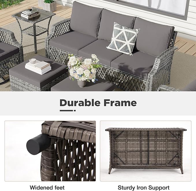 HOMREST 6 Piece Patio Furniture Set, Wicker Outdoor Conversation Sofa Set with Swivel Chairs, Loveseat, Storage Coffee Table, Rattan Outdoor Sectional for Deck Backyard Porch（7 Seats, Gray
