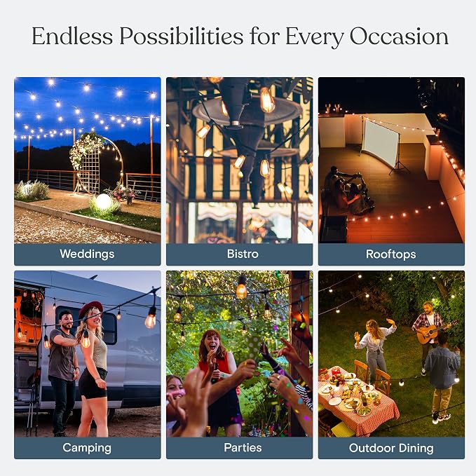 Brightech Ambience Pro Solar Powered Outdoor String Lights, 48 ft Commercial Grade Waterproof Patio Lights, Shatterproof LED String Lights for Outside, Porch - 15 Edison Bulbs, 1W Warm White