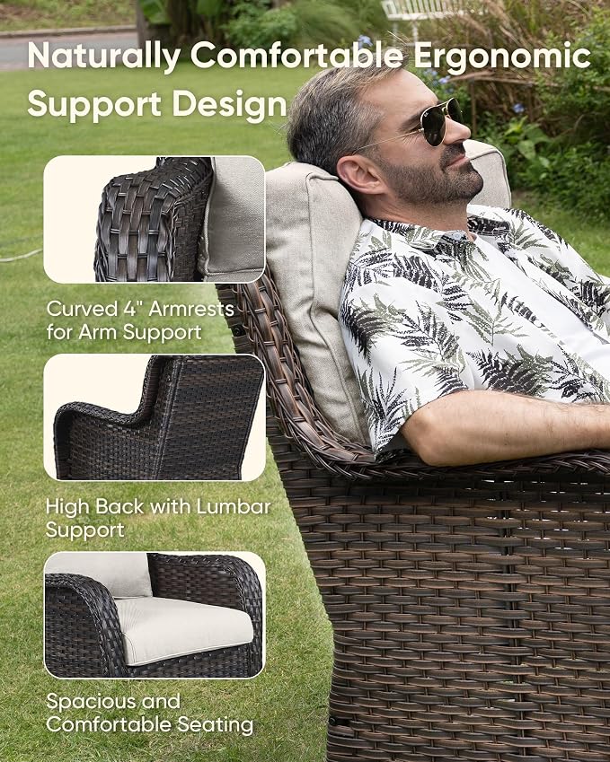 HUMMUH 5 Piece Outdoor Patio Furniture Set Wicker Conversation Bistro Set Swivel Rocking Chairs with Side Table and Ottomans for Backyard, Porch, Balcony