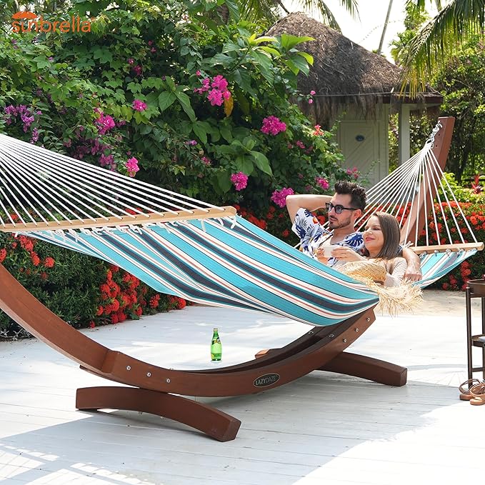 Lazy Daze Hammocks 12 FT Sunbrella Fabric Hammock not Fading with Spreader Bars and Free Pillow Fits for 2 Persons, All Weather and Fade Resistant for Patio Yard, 450 lbs Capacity, Token Surfside
