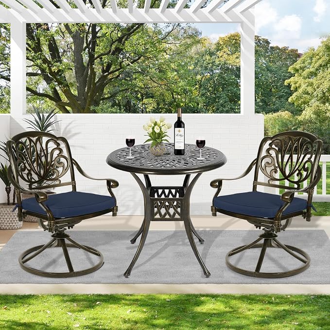 MEETWARM 3-Piece Outdoor Patio Dining Set, All-Weather Cast Aluminum Patio Conversation Set for Backyard Garden Deck with 2 Cushions Swivel Rocker Chairs and 31" Round Table, Umbrella Hole, Navy Blue