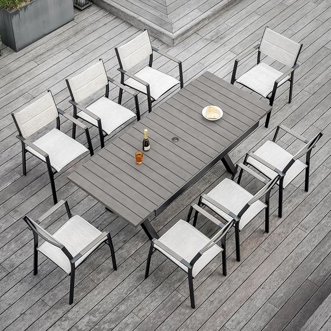 Expandable Outdoor Dining Table for 8 Person, Never-Rust Aluminum Patio Dining Table, 63''-83'' Extendable Dining Table with Umbrella Hole for Backyard Deck Indoor or Outdoor Meals, Limed Oak