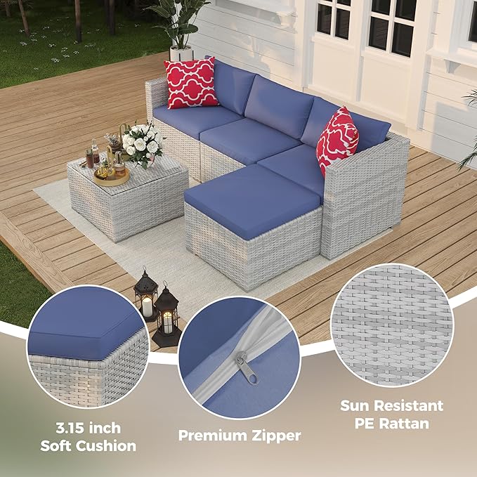 GAOMON 5 Piece Outdoor Patio Furniture Set, PE Rattan Patio Conversation Sets, All-Weather Wicker Outside Sofa Set with Thick Cushions, Bistro Sets w/Coffee Table for Pool, Backyard, Lawn(Grey+Blue)