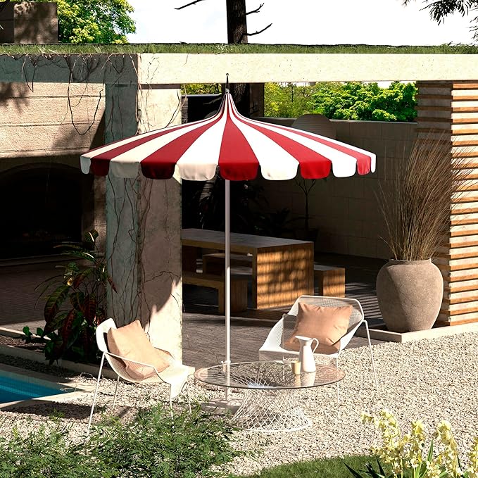 California Umbrella 8.5' Rd. Pagoda Style Patio Umbrella, White Pole, Red/Natural