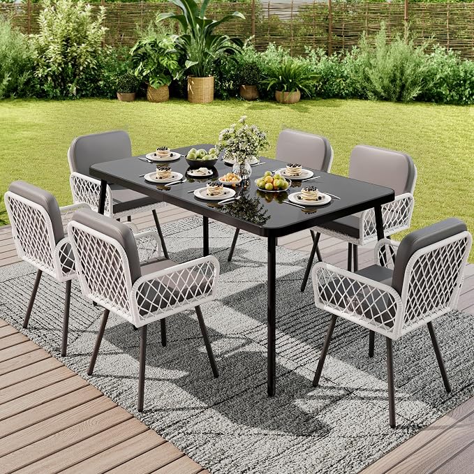 GarveeLife 59 in Tempered Glass Patio Dining Table with Metal Frame, 4-6 Person Rectangular Table for Porch Balcony Backyard Poolside, Black
