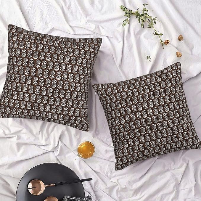 Block Print Pillow Covers 20x20 Inch Set of 2, Brown Floral Waterproof Outdoor Cushion Covers, Boho Home Decor Throw Pillows for Living Room Couch