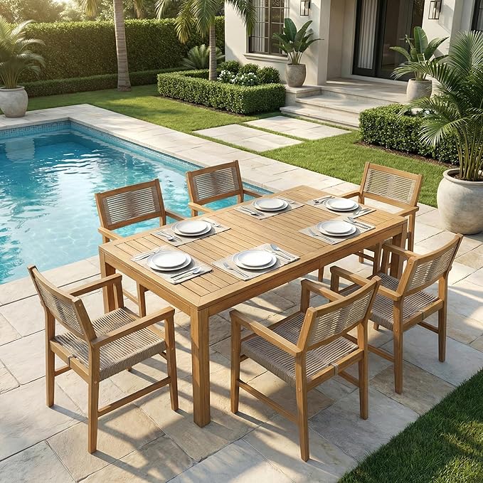 Acacia 7 Pieces Outdoor Dining Set for 6-Person, 63" L Classic Rectangular Table & 6 Handwoven Rope Chairs - Eucalyptus Grandis Solid Wood, Weather Resistant Patio Furniture Set, Natural