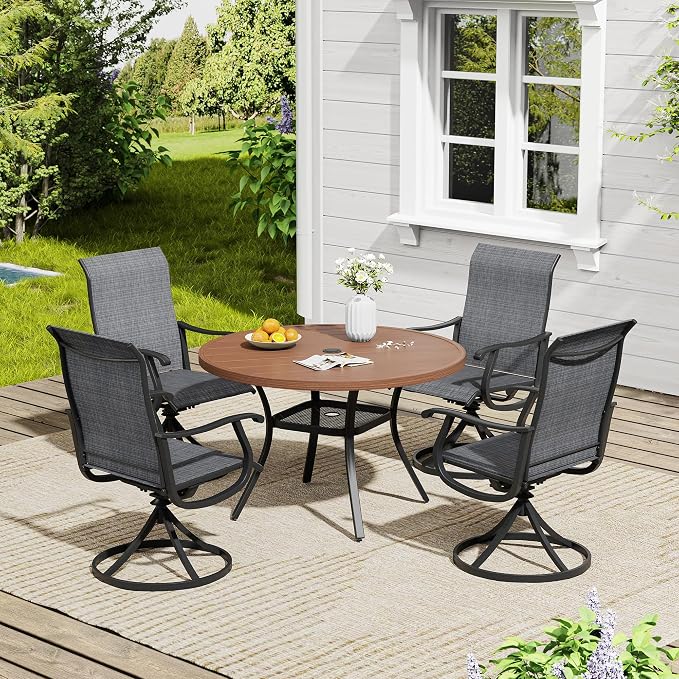 VICLLAX 40.6" Round Patio Table, Outdoor Dining Table for 4 with Umbrella Hole for Garden Lawn Deck Backyard, Walnut