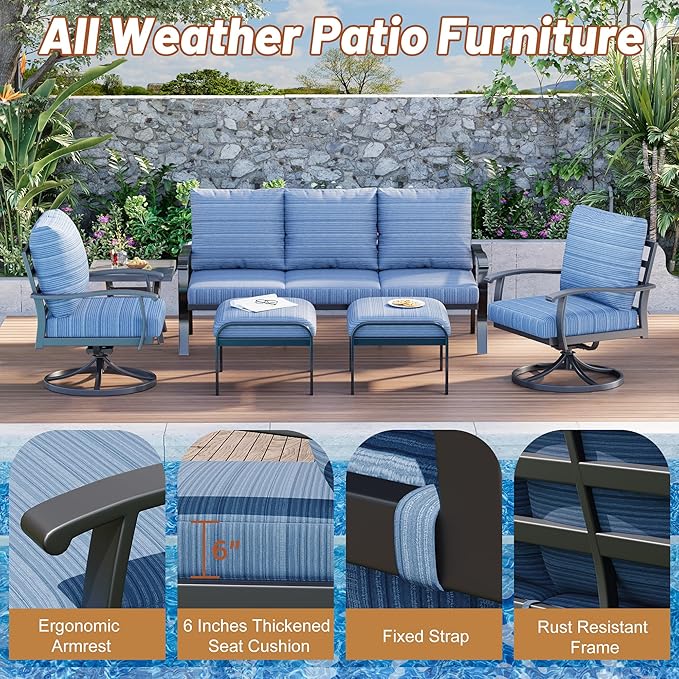 HOMREST Patio Furniture Sets 6 PCS Outdoor Metal Conversation Sets, 360 Degree Swivel Rocking Chairs Patio Conversation Set with Ottomans, Coffee Table and 3-Seat Sofa for Garden, Deck and Poolside