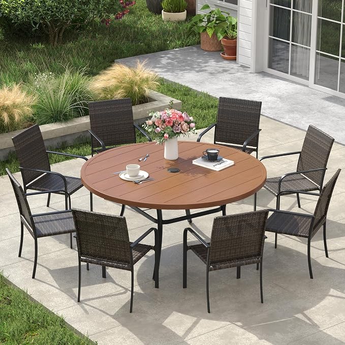 VICLLAX 9 Pieces Patio Dining Set, 8 Stakable Wicker Outdoor Chairs and 53" Patio Round Metal Table with Umbrella Hole for Backyard Lawn Deck, Walnut Tabletop