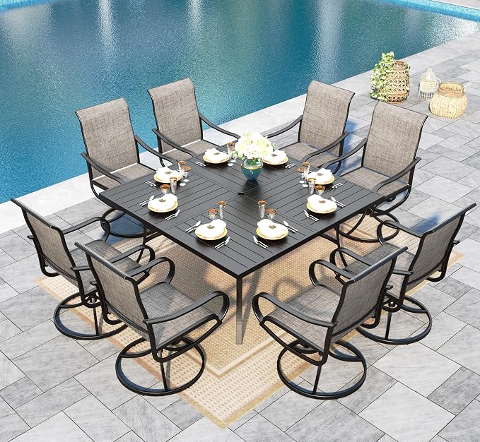 Sophia & William Outdoor Dining Set for 8 Patio Dining Sets 9 Pieces Patio Table and Chairs Set 57.5" Square Outdoor Dining Table with Swivel Patio Chairs for Garden Pool All Weather (Brown)