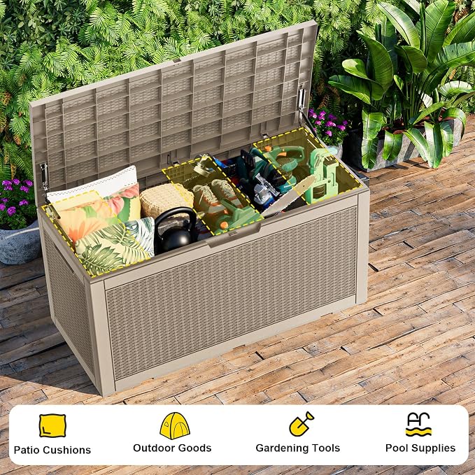 120 Gallon Waterproof Outdoor Storage Box,Lockable Large Deck Box with Lid for Packages,Weatherproof Resin Storage Bin for Patio Furniture Cushions Garden Tools Accessories(Gray,120 Gallon)