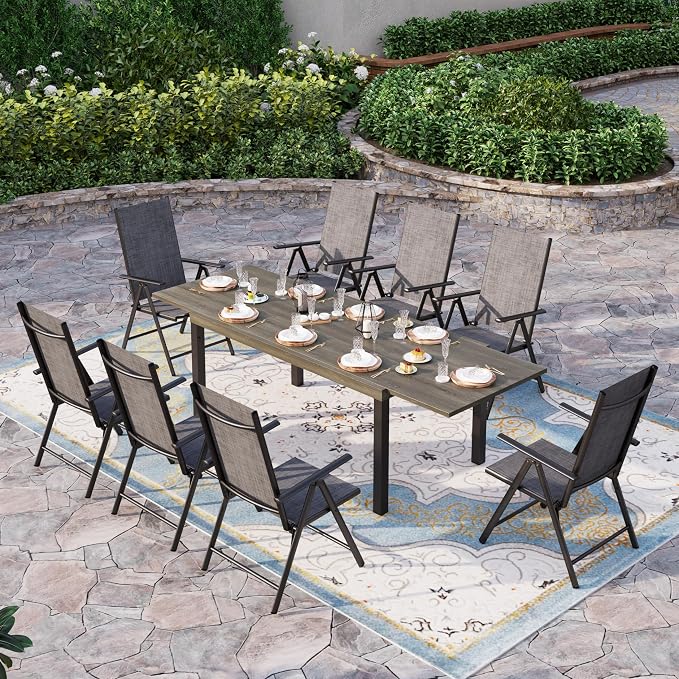 Sophia & William Patio Dining Set for 8, 8 Person Outdoor Dining Table Set with Expandable Metal Patio Table and 8 Foldable Textilene Patio Chairs, Blue
