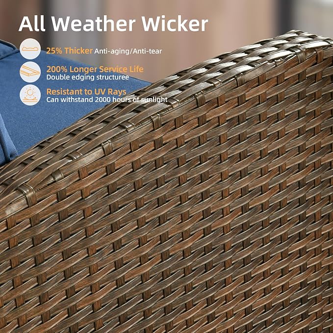 CAODOC Patio Furniture Sets, Outdoor Wicker Furniture with Ottomans, 5 Pieces Outdoor Sofa Couch Conversation Set with Cushioned Rattan Chairs for Garden Poolside Backyard, Blue