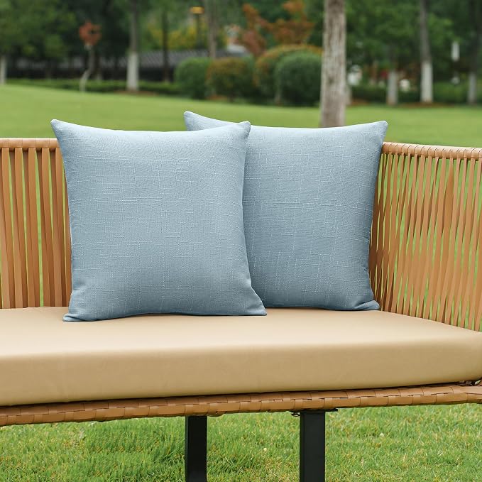 NiNi ALL Waterproof Outdoor Pillow Covers 16x16 Set of 2 Patio Light Blue | Faux Linen Textured Decorative Solid Throw Pillow Covers Farmhouse for Garden Furniture Tent Balcony Couch Sofa Cushion