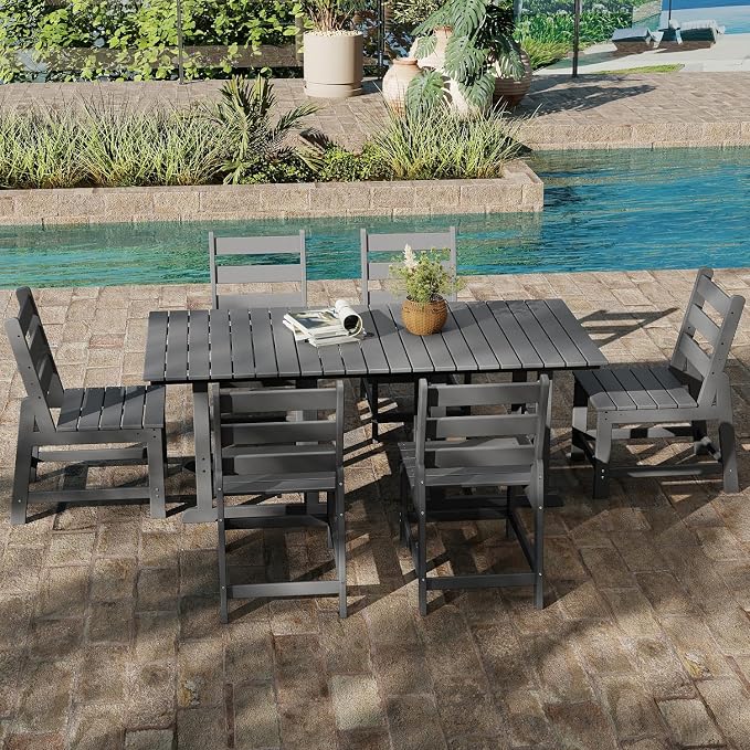 GREENVINES 7-Piece-Outdoor-Table-and-Chairs | HDPE | Patio Furniture | Dining Sets for 6 | Armless Chair | All Weather | Connectable Tables | for Backyard Poolside Garden | Grey
