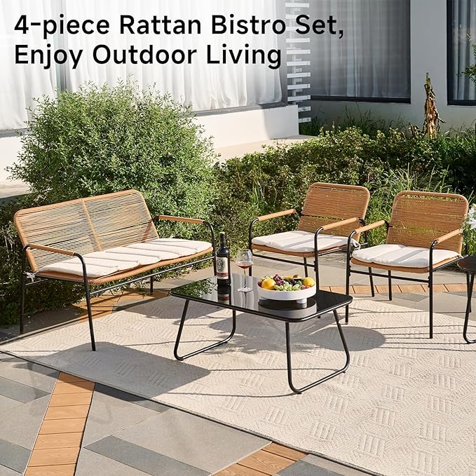 4-Piece Patio Conversation Set with Cushions, Outdoor Wicker Bistro Furniture with Rectangle Tempered Glass Coffee Table, All-Weather Rattan Loveseat Chairs for Porch, Backyard, Deck, Garden